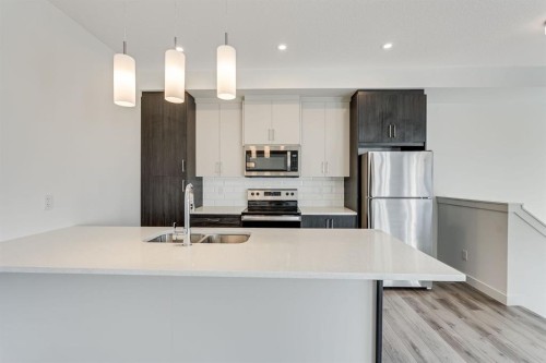 91 Spring Creek Common Sw, Calgary, AB - Indoor Photo Showing Kitchen With Stainless Steel Kitchen With Double Sink With Upgraded Kitchen