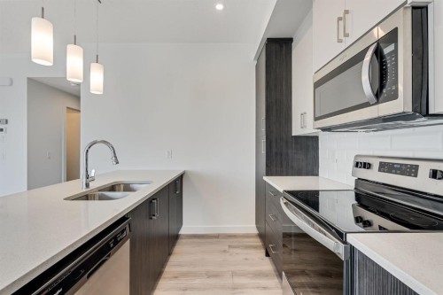 91 Spring Creek Common Sw, Calgary, AB - Indoor Photo Showing Kitchen With Stainless Steel Kitchen With Double Sink With Upgraded Kitchen