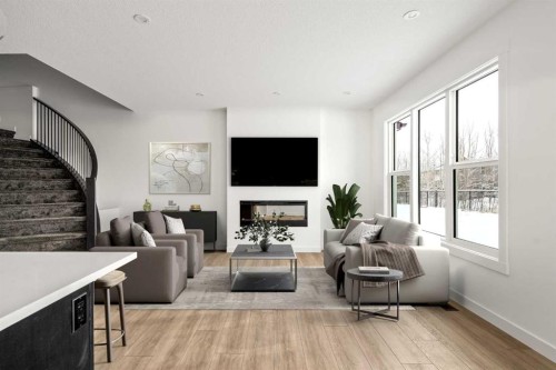 71 Silver Spruce Grove Sw, Calgary, AB - Indoor Photo Showing Living Room With Fireplace