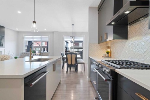 96 Emberside Glen, Cochrane, AB - Indoor Photo Showing Kitchen With Stainless Steel Kitchen With Double Sink With Upgraded Kitchen