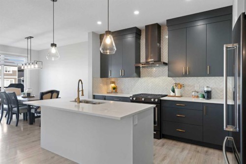 96 Emberside Glen, Cochrane, AB - Indoor Photo Showing Kitchen With Stainless Steel Kitchen With Double Sink With Upgraded Kitchen