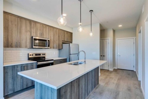 408-660 Shawnee Square Sw, Calgary, AB - Indoor Photo Showing Kitchen With Stainless Steel Kitchen With Double Sink With Upgraded Kitchen