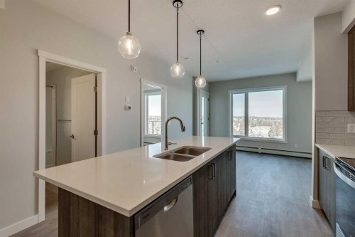 408-660 Shawnee Square Sw, Calgary, AB - Indoor Photo Showing Kitchen With Double Sink With Upgraded Kitchen