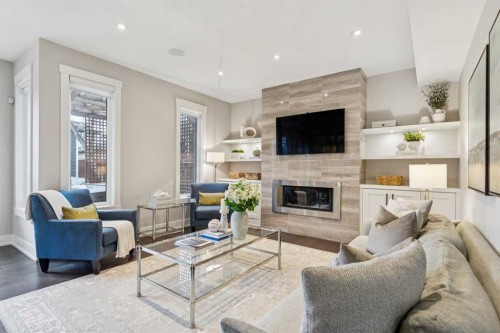 419 47 Avenue Sw, Calgary, AB - Indoor Photo Showing Living Room With Fireplace