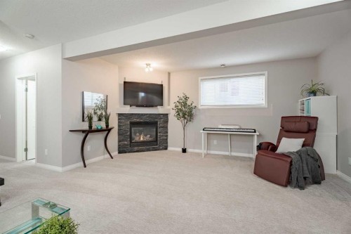41 Covebrook Close Ne, Calgary, AB - Indoor Photo Showing Living Room With Fireplace