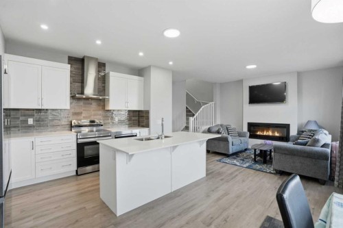 123 Cityside Crescent Ne, Calgary, AB - Indoor Photo Showing Kitchen With Fireplace With Double Sink With Upgraded Kitchen