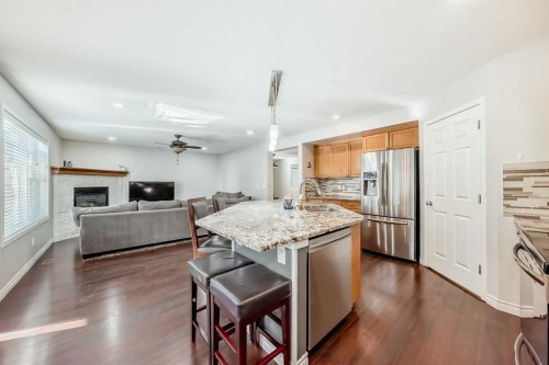 574 Chaparral Drive Se, Calgary, AB - Indoor Photo Showing Kitchen With Fireplace With Stainless Steel Kitchen With Upgraded Kitchen