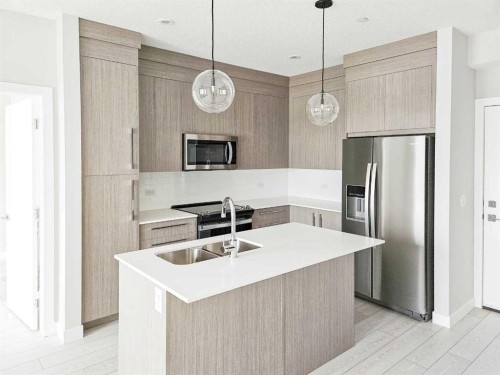 2413-111 Wolf Creek Drive Se, Calgary, AB - Indoor Photo Showing Kitchen With Stainless Steel Kitchen With Double Sink With Upgraded Kitchen