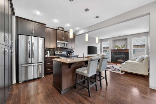 253 Chaparral Valley Drive Se, Calgary, AB - Indoor Photo Showing Kitchen With Fireplace With Stainless Steel Kitchen With Upgraded Kitchen