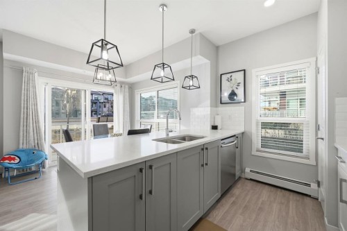 101-4250 Seton Drive Se, Calgary, AB - Indoor Photo Showing Kitchen With Double Sink With Upgraded Kitchen