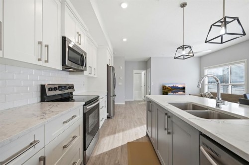 101-4250 Seton Drive Se, Calgary, AB - Indoor Photo Showing Kitchen With Stainless Steel Kitchen With Double Sink With Upgraded Kitchen