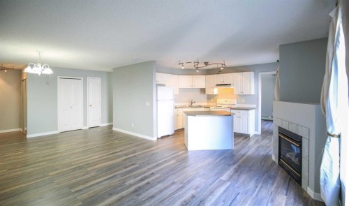 202-5202 Valleyview Park Se, Calgary, AB - Indoor Photo Showing Kitchen With Fireplace