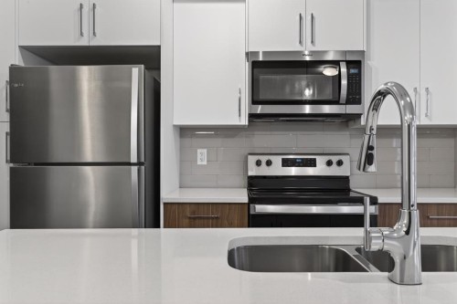 203-400 Belmont Street Sw, Calgary, AB - Indoor Photo Showing Kitchen With Stainless Steel Kitchen With Double Sink With Upgraded Kitchen
