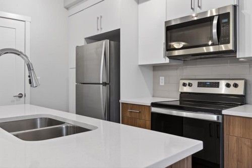 203-400 Belmont Street Sw, Calgary, AB - Indoor Photo Showing Kitchen With Stainless Steel Kitchen With Double Sink