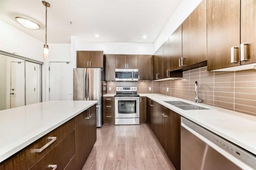 109-22 Auburn Bay Link Se, Calgary, AB - Indoor Photo Showing Kitchen With Stainless Steel Kitchen With Double Sink With Upgraded Kitchen