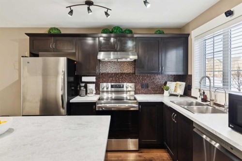 124 Cascades Pass, Chestermere, AB - Indoor Photo Showing Kitchen With Stainless Steel Kitchen With Double Sink With Upgraded Kitchen