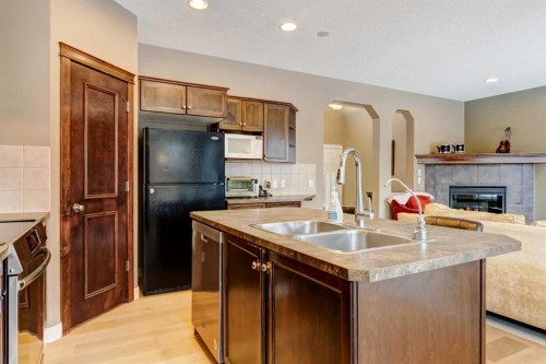 185 Brightonstone Landing Se, Calgary, AB - Indoor Photo Showing Kitchen With Fireplace With Double Sink