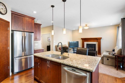 116 Brightoncrest Manor Se, Calgary, AB - Indoor Photo Showing Kitchen With Fireplace With Double Sink