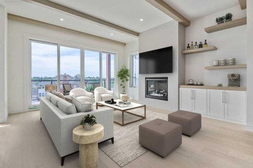 712 Bridge Crescent Ne, Calgary, AB - Indoor Photo Showing Living Room With Fireplace