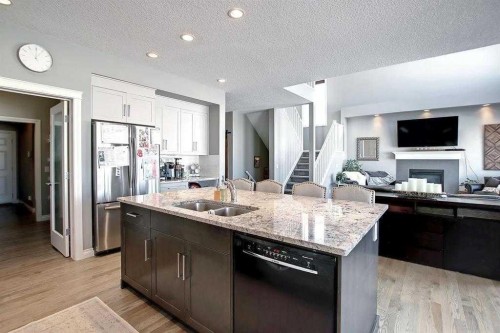 22 Evansborough View Nw, Calgary, AB - Indoor Photo Showing Kitchen With Fireplace With Double Sink With Upgraded Kitchen