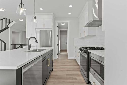 302 Kinniburgh Loop, Chestermere, AB - Indoor Photo Showing Kitchen With Stainless Steel Kitchen With Double Sink With Upgraded Kitchen