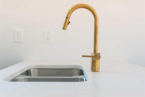 209-414 Seton Passage Se, Calgary, AB - Indoor Photo Showing Kitchen With Double Sink