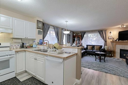 501 Coral Cove Ne, Calgary, AB - Indoor Photo Showing Kitchen With Fireplace With Double Sink