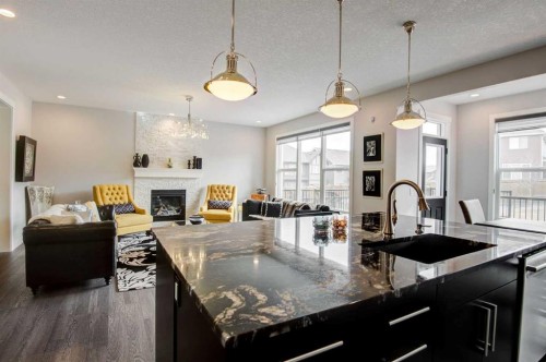 53 Sherwood Square Nw, Calgary, AB - Indoor Photo Showing Kitchen With Fireplace With Upgraded Kitchen