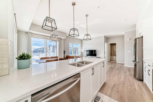 209-4250 Seton Drive Se, Calgary, AB - Indoor Photo Showing Kitchen With Double Sink With Upgraded Kitchen
