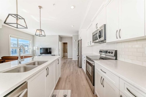 209-4250 Seton Drive Se, Calgary, AB - Indoor Photo Showing Kitchen With Stainless Steel Kitchen With Double Sink With Upgraded Kitchen