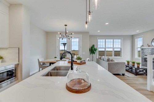 467 Kinniburgh Loop, Chestermere, AB - Indoor Photo Showing Kitchen With Fireplace With Double Sink With Upgraded Kitchen