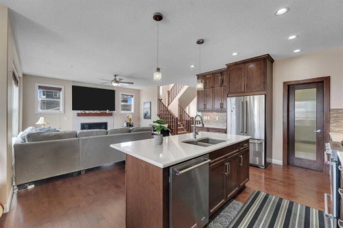 194 Redstone Park Ne, Calgary, AB - Indoor Photo Showing Kitchen With Fireplace With Stainless Steel Kitchen With Double Sink With Upgraded Kitchen