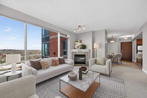 1402-910 5 Avenue Sw, Calgary, AB - Indoor Photo Showing Living Room With Fireplace