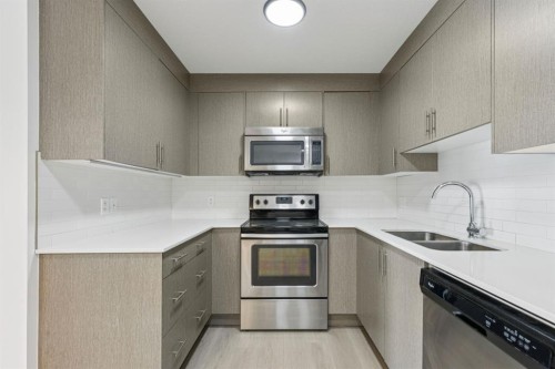 1205-302 Skyview Ranch Drive Ne, Calgary, AB - Indoor Photo Showing Kitchen With Stainless Steel Kitchen With Double Sink With Upgraded Kitchen