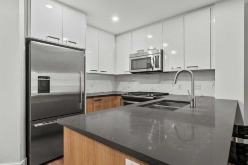 110-510 Edmonton Trail Ne, Calgary, AB - Indoor Photo Showing Kitchen With Stainless Steel Kitchen With Double Sink With Upgraded Kitchen