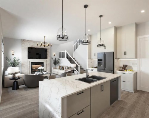 14 Bridges Way, Langdon, AB - Indoor Photo Showing Kitchen With Fireplace With Double Sink With Upgraded Kitchen