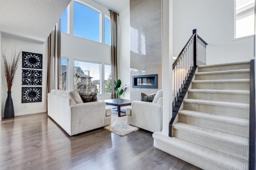 117 Mahogany Place Se, Calgary, AB - Indoor Photo Showing Living Room With Fireplace