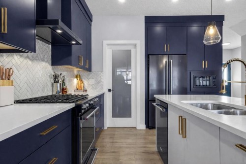 96 Emberside Glen, Cochrane, AB - Indoor Photo Showing Kitchen With Stainless Steel Kitchen With Double Sink With Upgraded Kitchen