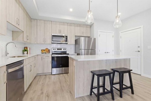 301-71 Shawnee Common Sw, Calgary, AB - Indoor Photo Showing Kitchen With Stainless Steel Kitchen With Upgraded Kitchen