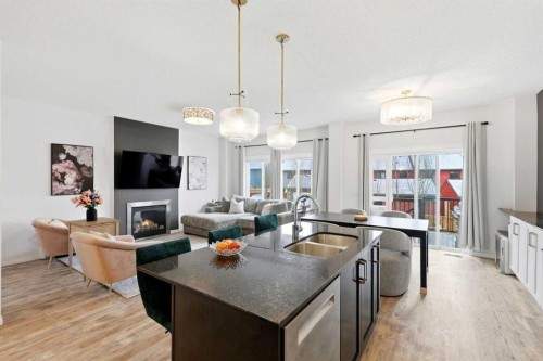 62 Walden Court Se, Calgary, AB - Indoor Photo Showing Kitchen With Fireplace With Double Sink With Upgraded Kitchen