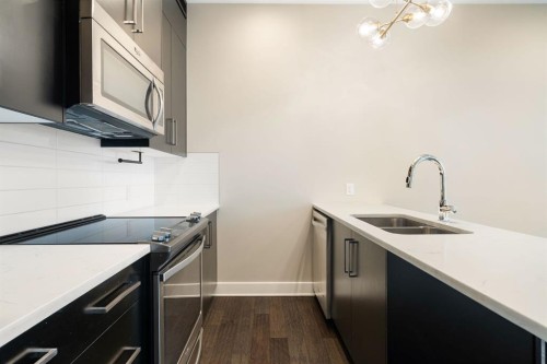 102-1808 27 Avenue Sw, Calgary, AB - Indoor Photo Showing Kitchen With Stainless Steel Kitchen With Double Sink With Upgraded Kitchen