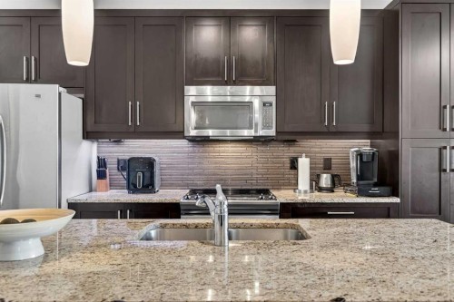 308-402 Marquis Lane Se, Calgary, AB - Indoor Photo Showing Kitchen With Double Sink With Upgraded Kitchen