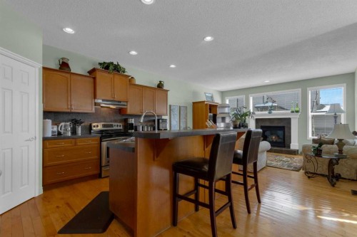 4 Cranfield Circle Se, Calgary, AB - Indoor Photo Showing Kitchen With Fireplace