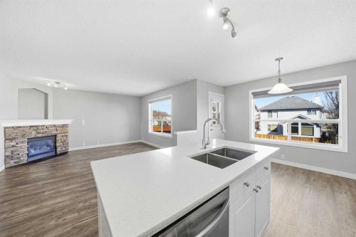 83 Cranfield Crescent Se, Calgary, AB - Indoor Photo Showing Kitchen With Fireplace With Double Sink