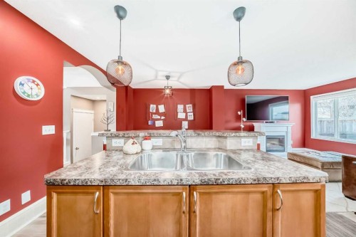 223 Auburn Bay Heights Se, Calgary, AB - Indoor Photo Showing Kitchen With Fireplace With Double Sink
