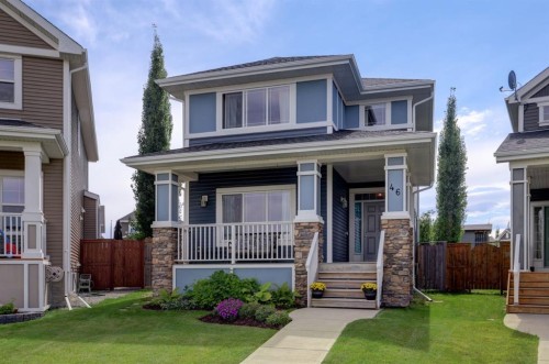 46 River Heights Boulevard, Cochrane, AB - Outdoor With Deck Patio Veranda With Facade