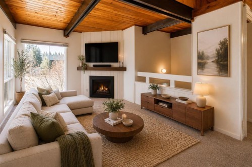 92 Queen Isabella Close Se, Calgary, AB - Indoor Photo Showing Living Room With Fireplace