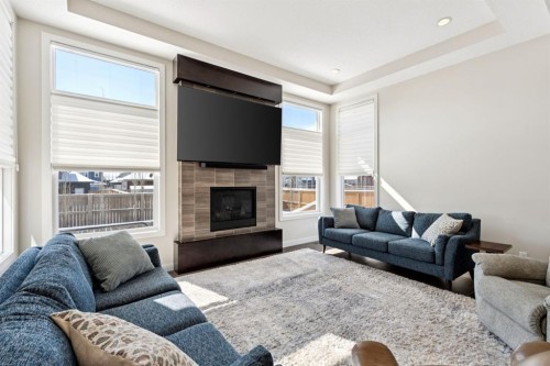 293 Boulder Creek Crescent, Langdon, AB - Indoor Photo Showing Living Room With Fireplace