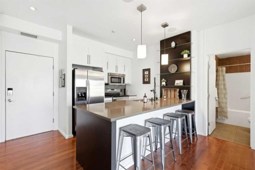 105-414 Meredith Road Ne, Calgary, AB - Indoor Photo Showing Kitchen With Stainless Steel Kitchen With Upgraded Kitchen
