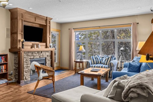 202-3 Aspen Glen, Canmore, AB - Indoor Photo Showing Living Room With Fireplace